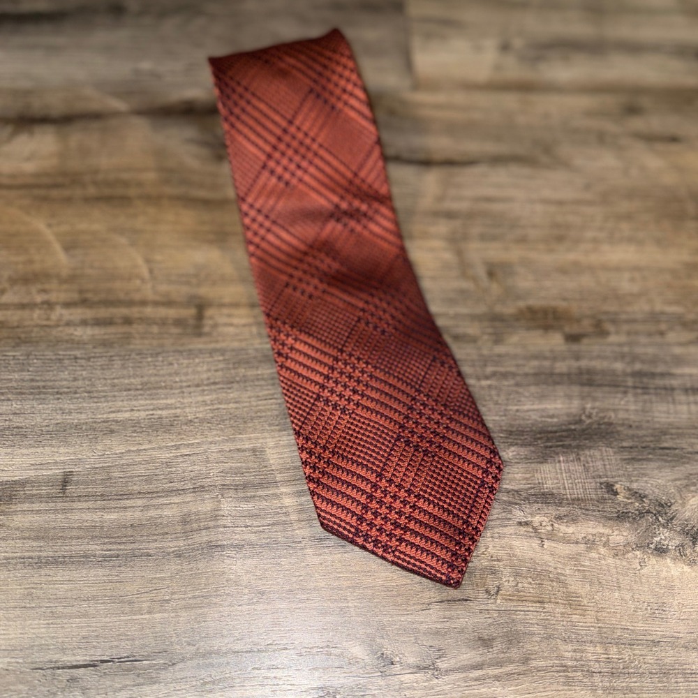 Burberry London 100% Silk Tie Copper Orange Black Check Plaid Made in Italy